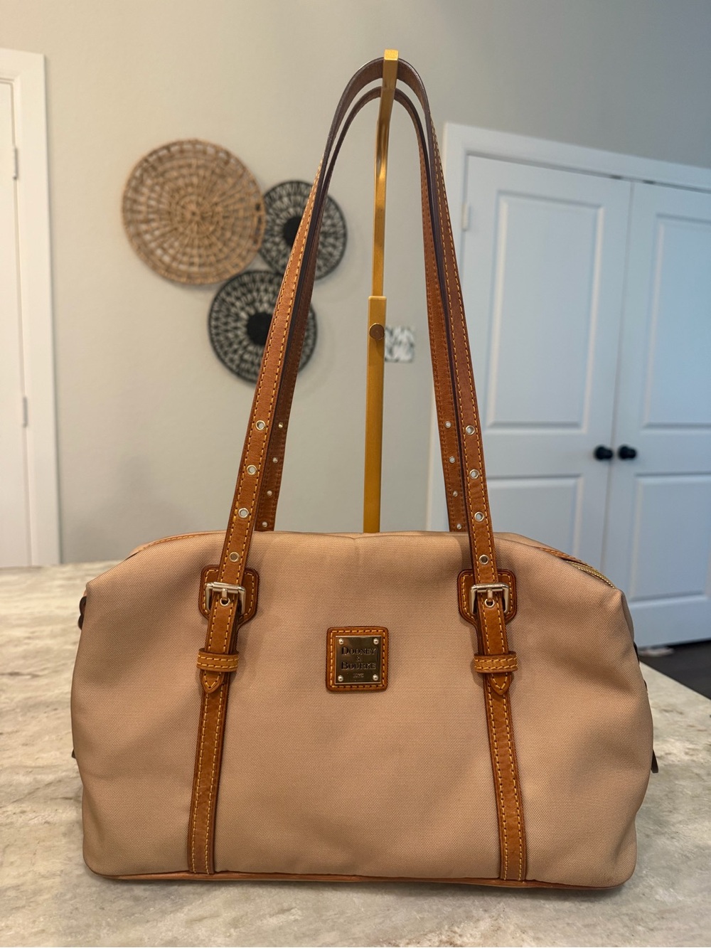 Dooney & Bourke Beige Nylon Shoulder Bag with Tan Leather Trim